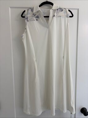Sleeveless White Polo Dress with Soft Gray Floral Yoke